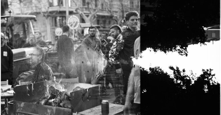 Food Markets - A black and white photograph of people in a street